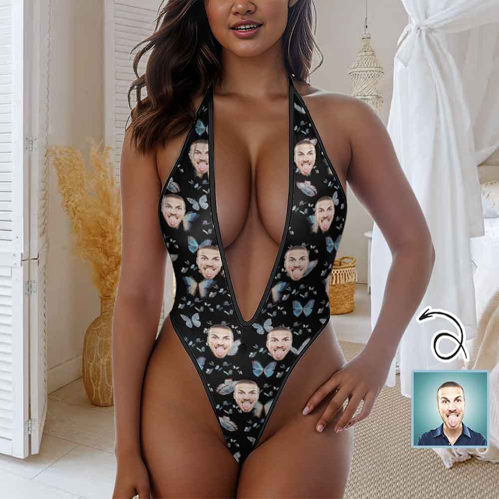 Custom Custom Face Butterfly Women's Deep V Lingerie Sexy Jumpsuits Sexy Lingerie Underwear Mesh Lingerie - YesCustom
