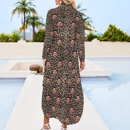 Custom Custom Face Button Down Longline Shirts Leopard Print Women's Long Sleeved Shirt Dress Casual Loose Maxi Dresses - YesCustom