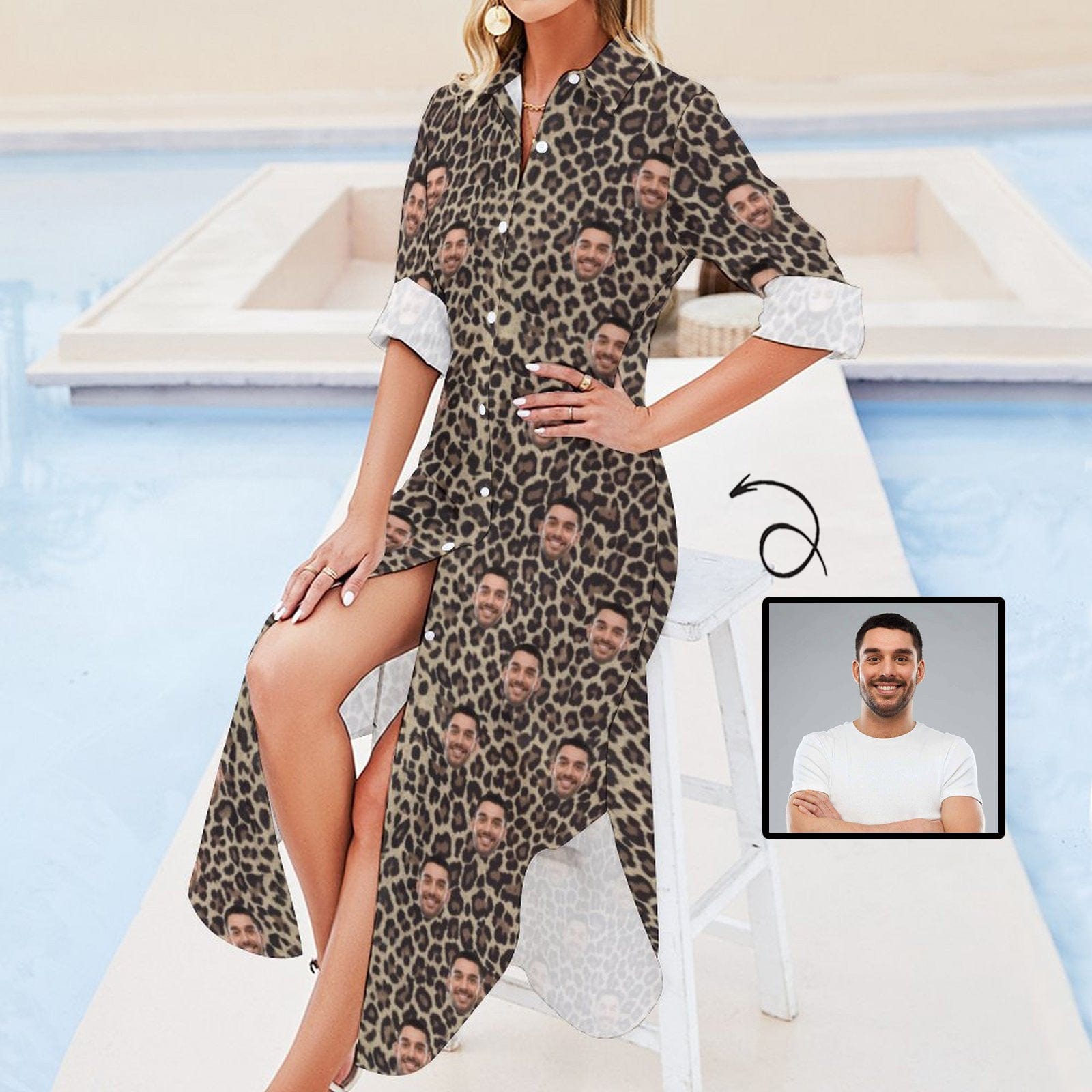 Custom Custom Face Button Down Longline Shirts Leopard Print Women's Long Sleeved Shirt Dress Casual Loose Maxi Dresses - YesCustom