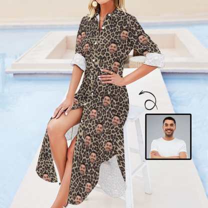 Custom Custom Face Button Down Longline Shirts Leopard Print Women's Long Sleeved Shirt Dress Casual Loose Maxi Dresses - YesCustom