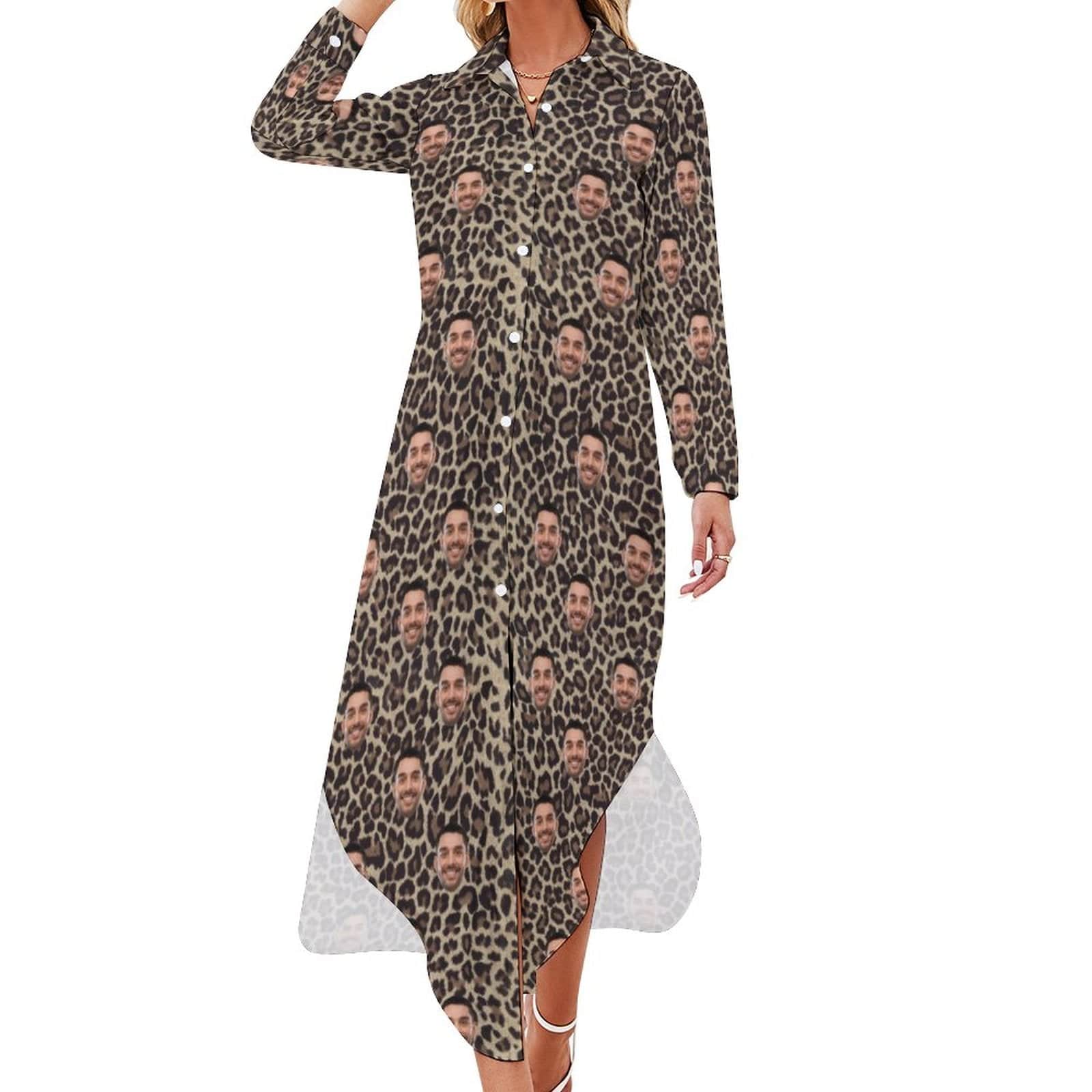 Custom Custom Face Button Down Longline Shirts Leopard Print Women's Long Sleeved Shirt Dress Casual Loose Maxi Dresses - YesCustom