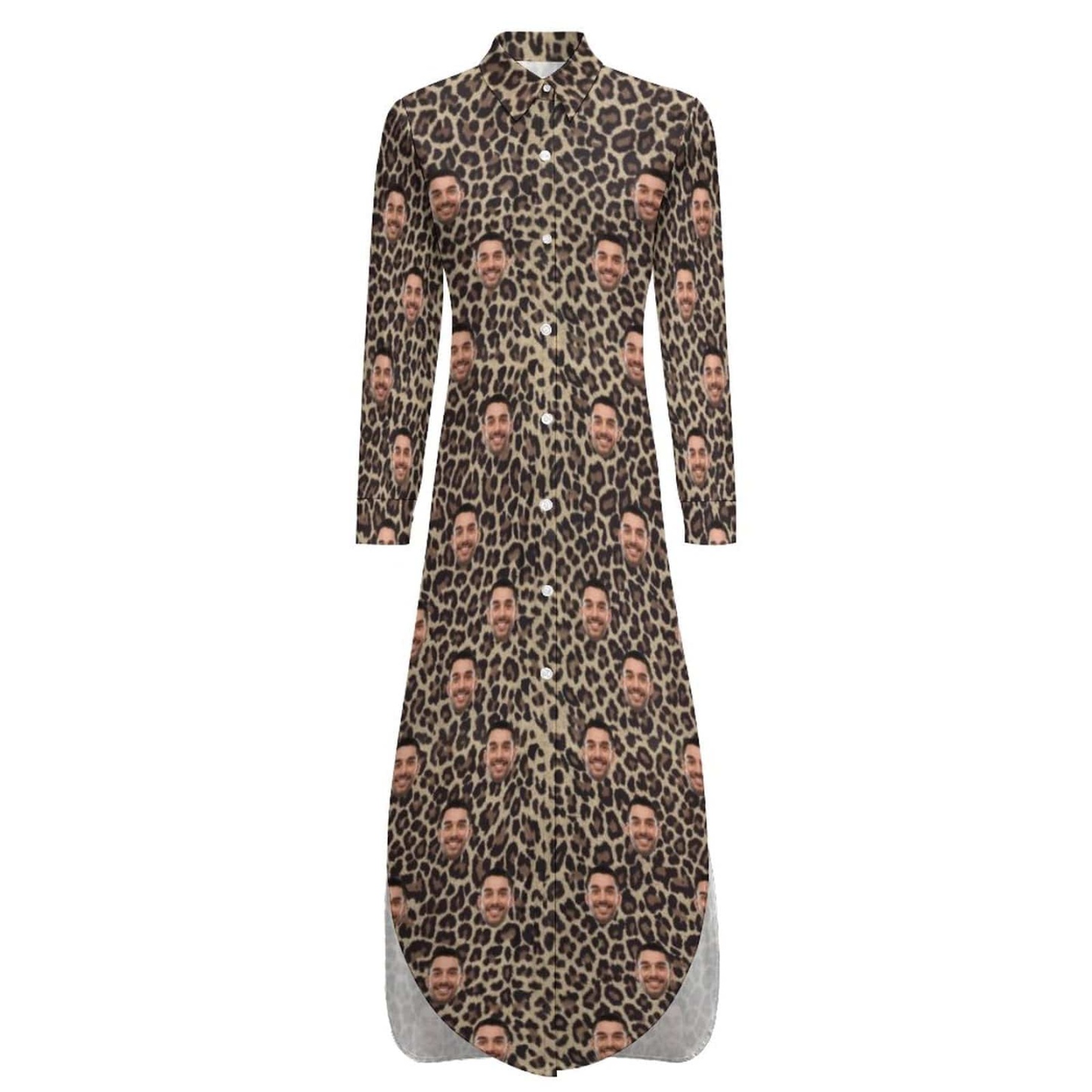 Custom Custom Face Button Down Longline Shirts Leopard Print Women's Long Sleeved Shirt Dress Casual Loose Maxi Dresses - YesCustom