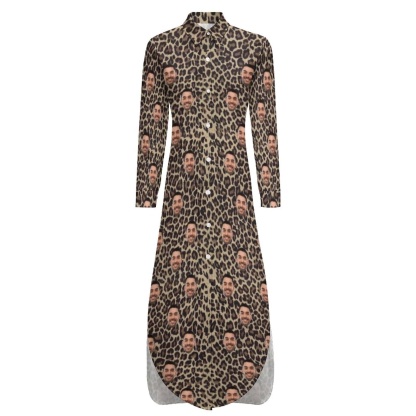 Custom Custom Face Button Down Longline Shirts Leopard Print Women's Long Sleeved Shirt Dress Casual Loose Maxi Dresses - YesCustom