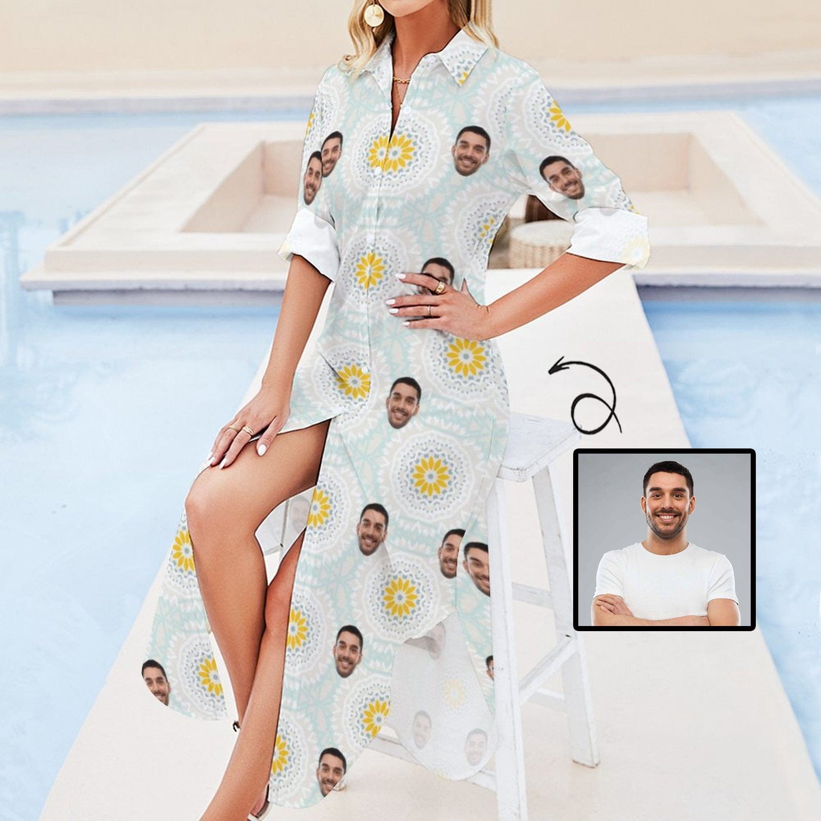 Custom Custom Face Button Down Longline Shirts Light Green Women's Long Sleeved Shirt Dress Casual Loose Maxi Dresses - YesCustom