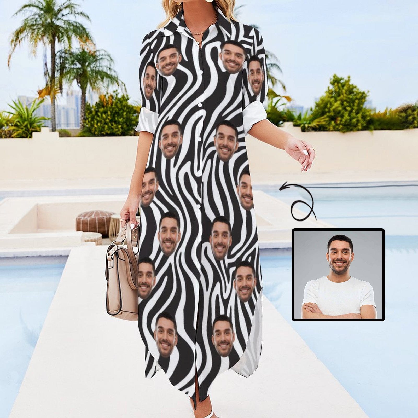 Custom Custom Face Button Down Longline Shirts Zebra Women's Long Sleeved Shirt Dress Casual Loose Maxi Dresses - YesCustom
