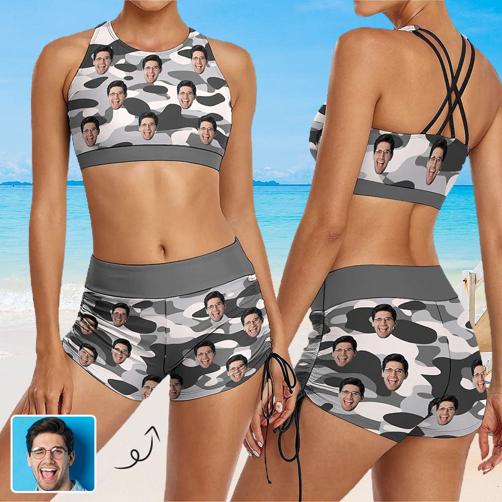Custom Custom Face Camouflage Drawstring Boyshorts Bikini Set Personalized High Waisted Bikini Bathing Suit - YesCustom