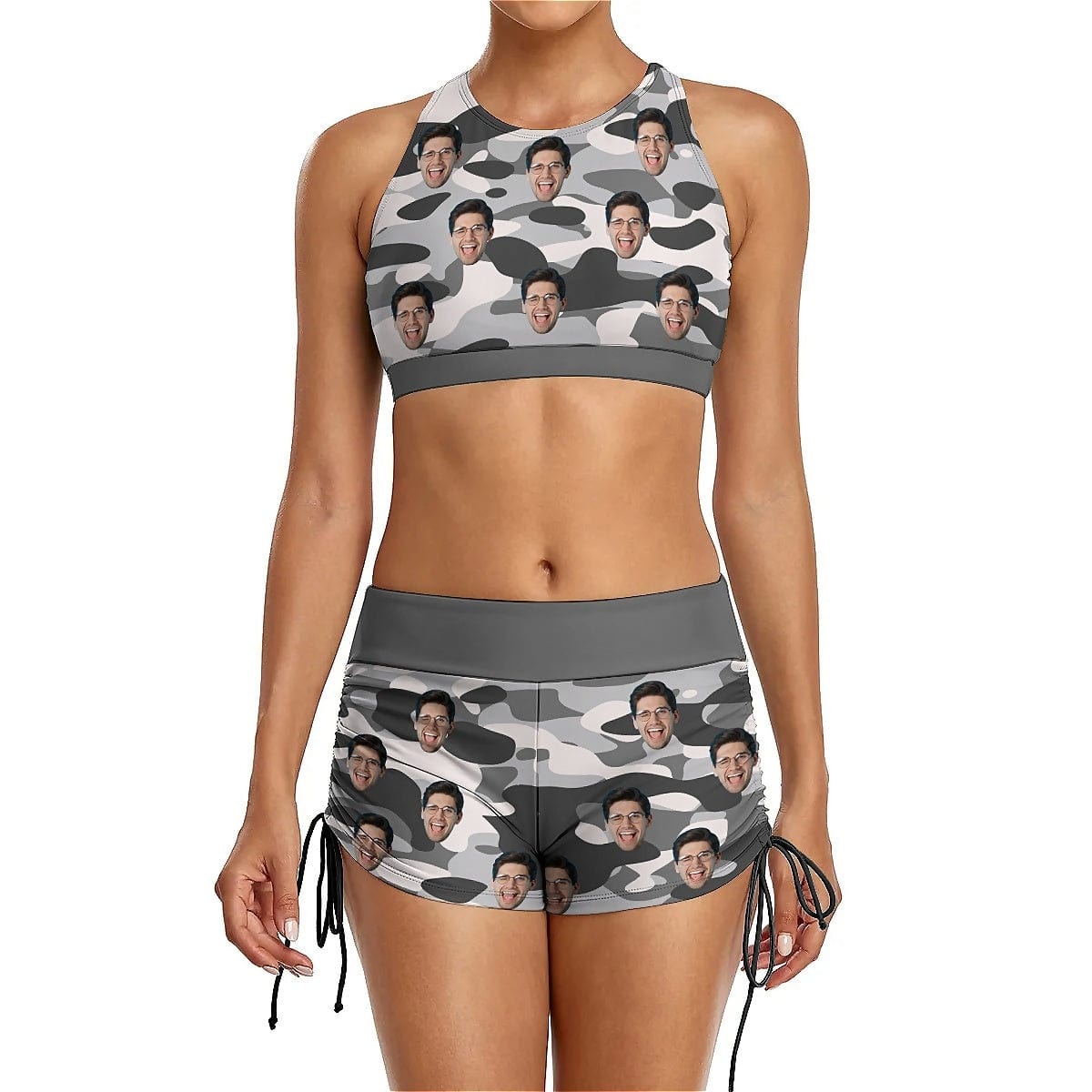 Custom Custom Face Camouflage Drawstring Boyshorts Bikini Set Personalized High Waisted Bikini Bathing Suit - YesCustom