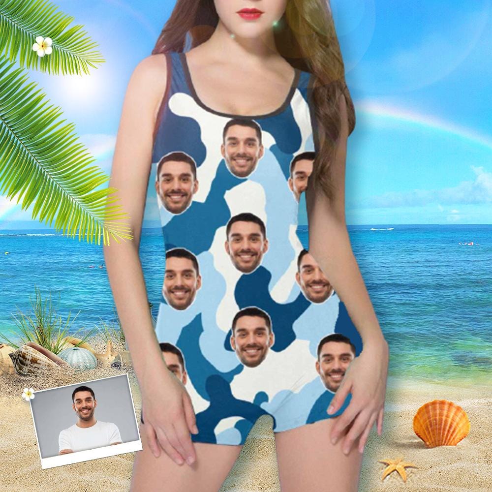 Custom Custom Face Camouflage Women's One Piece Boyleg Swimsuit - YesCustom