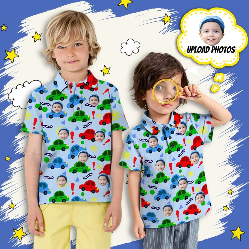 Custom Custom Face Car Light Blue Boys' Polo Shirt - YesCustom