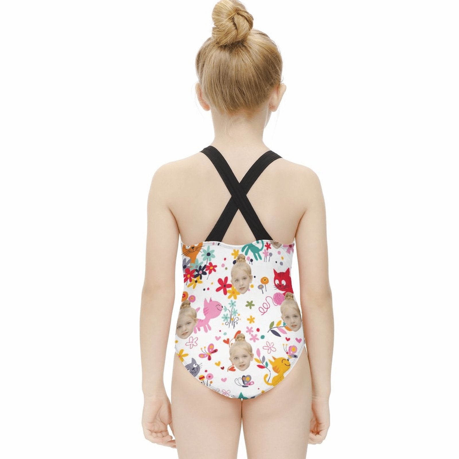 Custom Custom Face Cartoon Cat Kid's Swimsuit For Kids 6-12 Years - YesCustom
