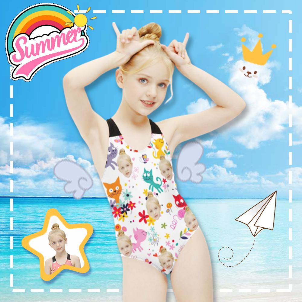 Custom Custom Face Cartoon Cat Kid's Swimsuit For Kids 6-12 Years - YesCustom