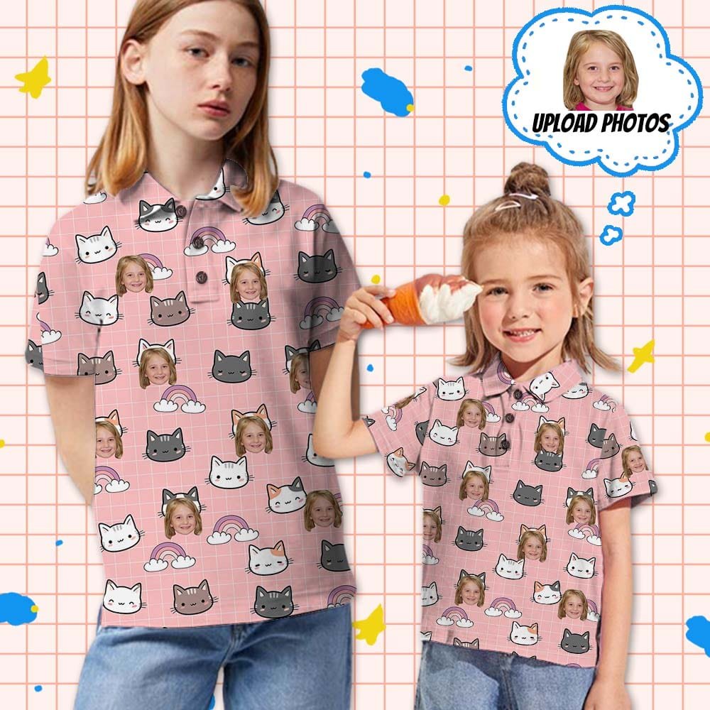 Custom Custom Face Cartoon Cat Pink Girls' Polo Shirt - YesCustom