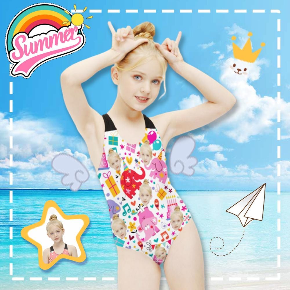 Custom Custom Face Cartoon Elephant Kid's Swimsuit - YesCustom