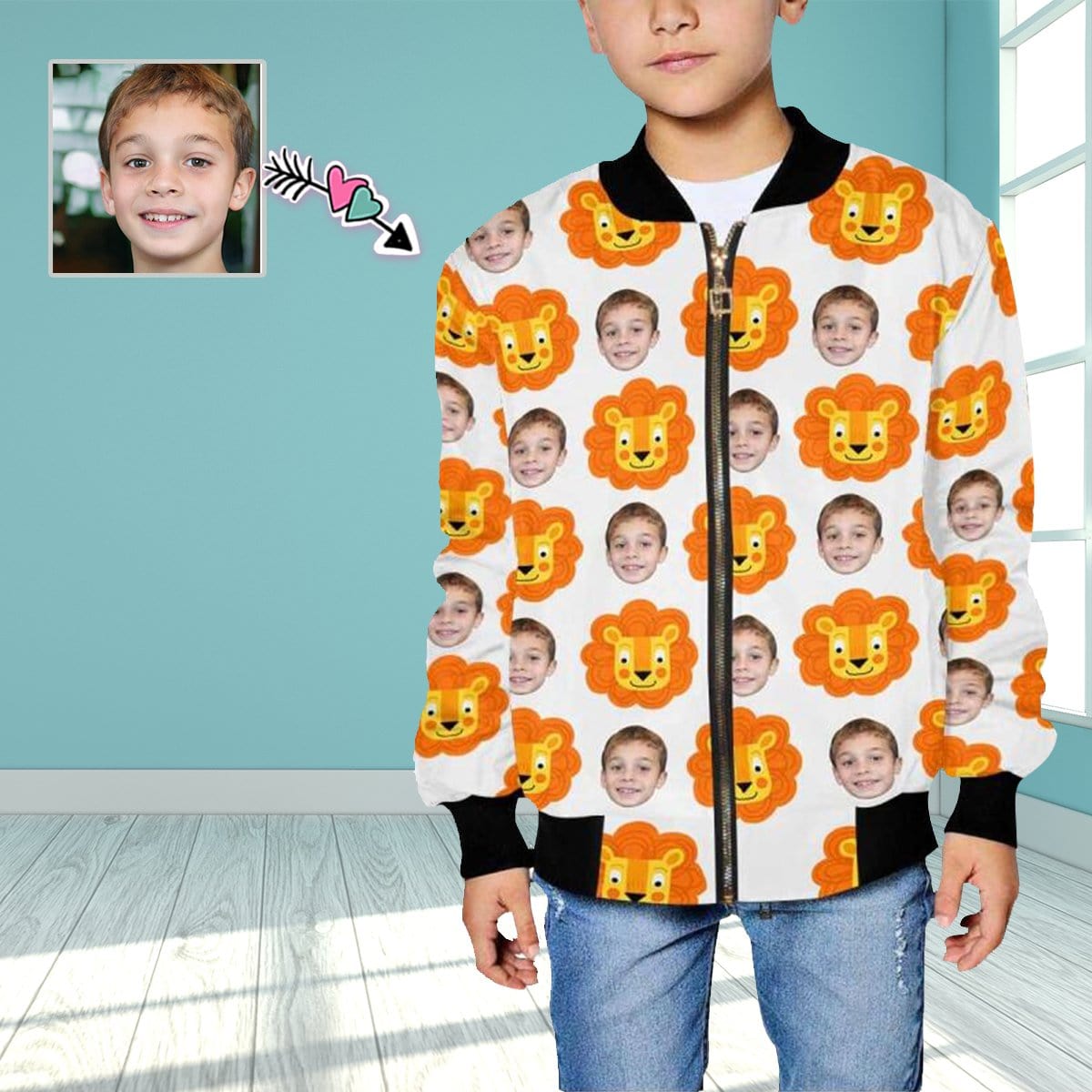 Custom Custom Face Cartoon Lion Kid's All Over Print Bomber Jacket - YesCustom