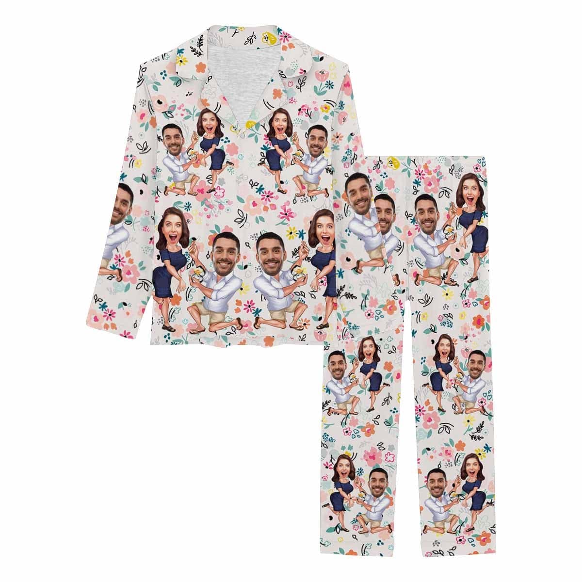 Custom Custom Face Cartoon Pajamas Couples Flower Pattern Nightwear Personalized Women's Long Pajama Set - YesCustom