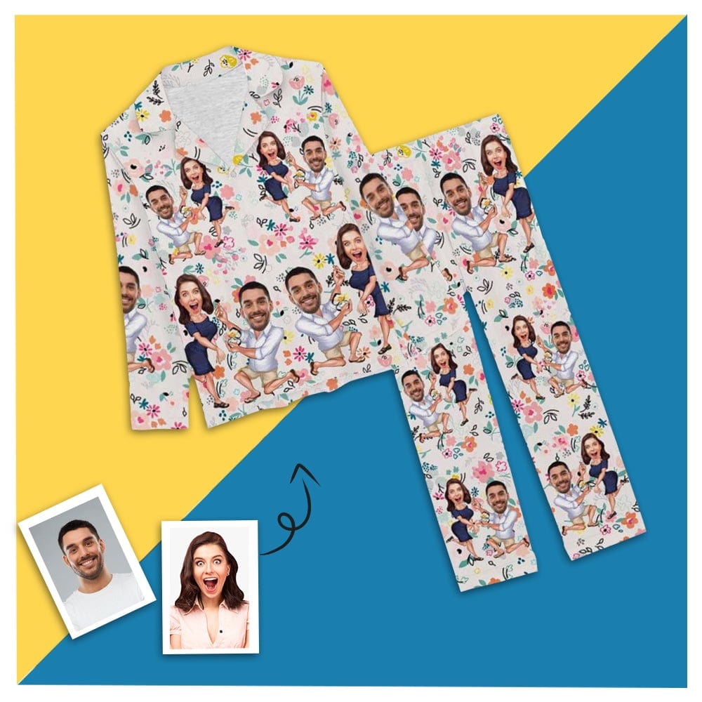Custom Custom Face Cartoon Pajamas Couples Flower Pattern Nightwear Personalized Women's Long Pajama Set - YesCustom