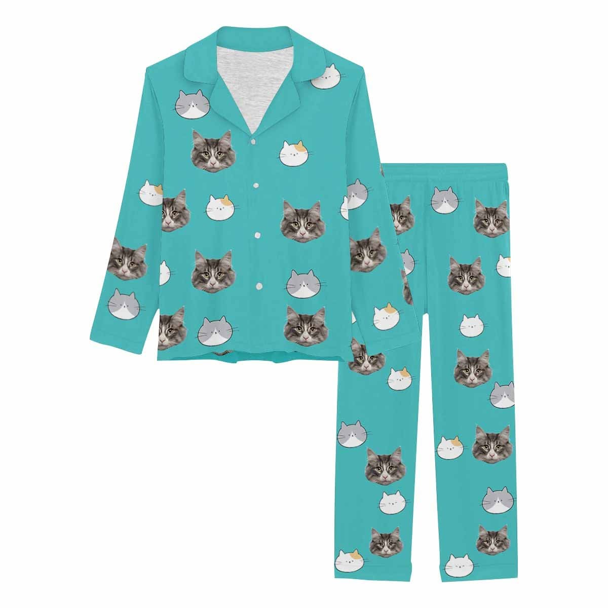 Custom Custom Face Cartoon Pet Cat Sleepwear Personalized Women's Slumber Party Long Pajama Set - YesCustom
