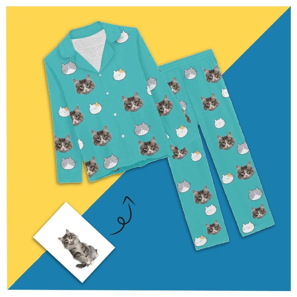 Custom Custom Face Cartoon Pet Cat Sleepwear Personalized Women's Slumber Party Long Pajama Set - YesCustom
