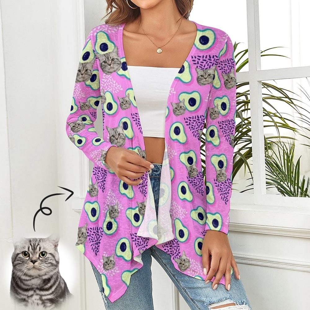 Custom Custom Face Cat Avocado Women's Knitted Cardigan Long Sleeve Open Front Cover Ups Tops Gift for Her - YesCustom