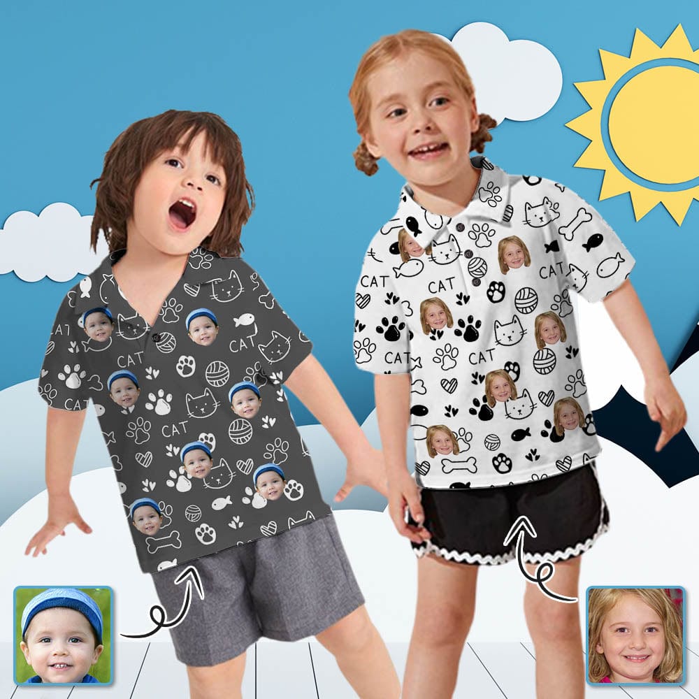 Custom Custom Face Cat Black White Little Boys and Girls Polo Shirt - YesCustom