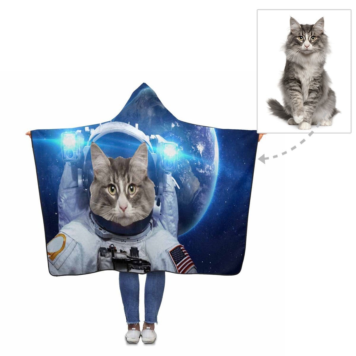 Custom Custom Face Cat Spaceman Universe Hooded Blanket - YesCustom