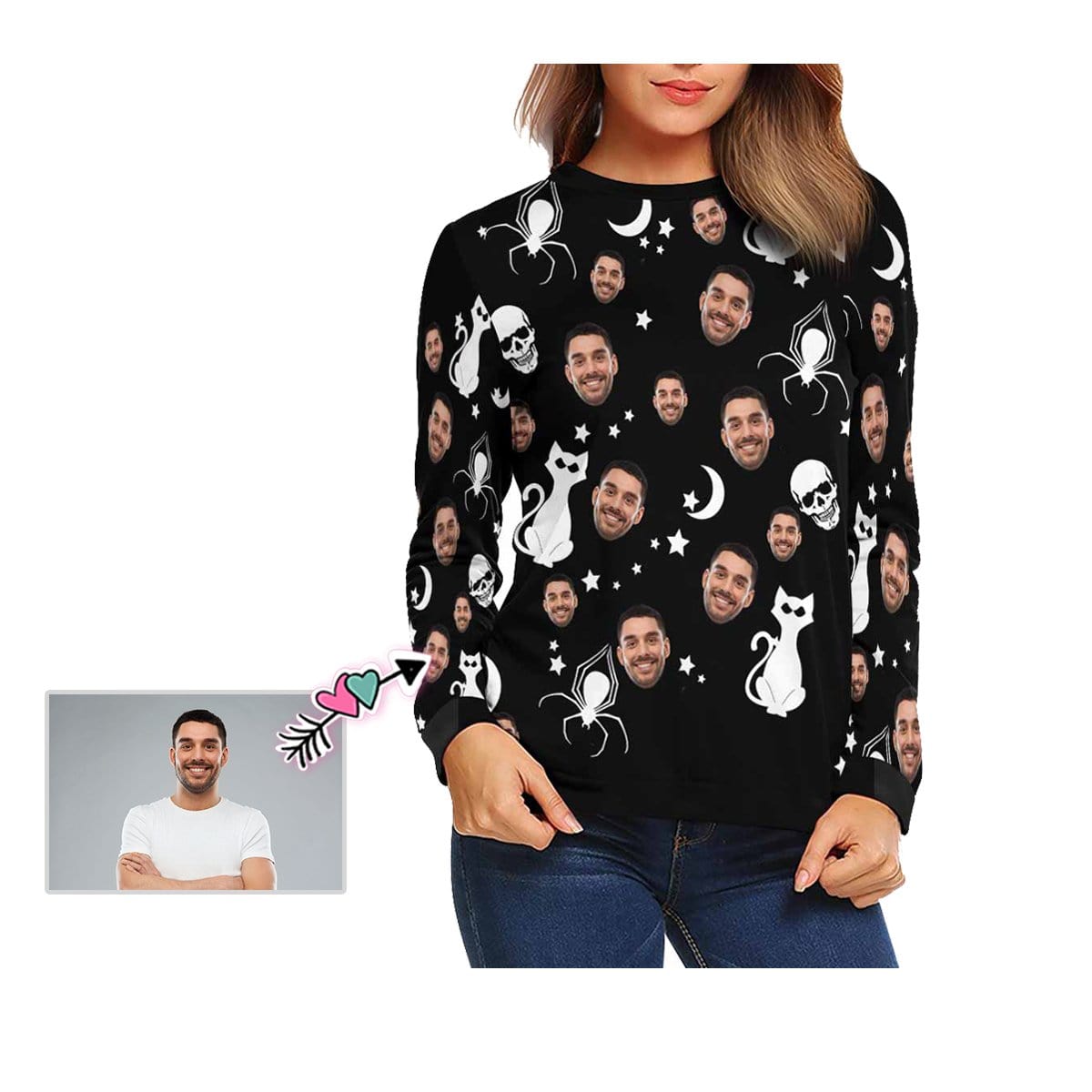 Custom Custom Face Cat Spider Women's Casual Crew Neck Sweatshirt Personalized Long Sleeve Loose Sweatshirt For Halloween - YesCustom