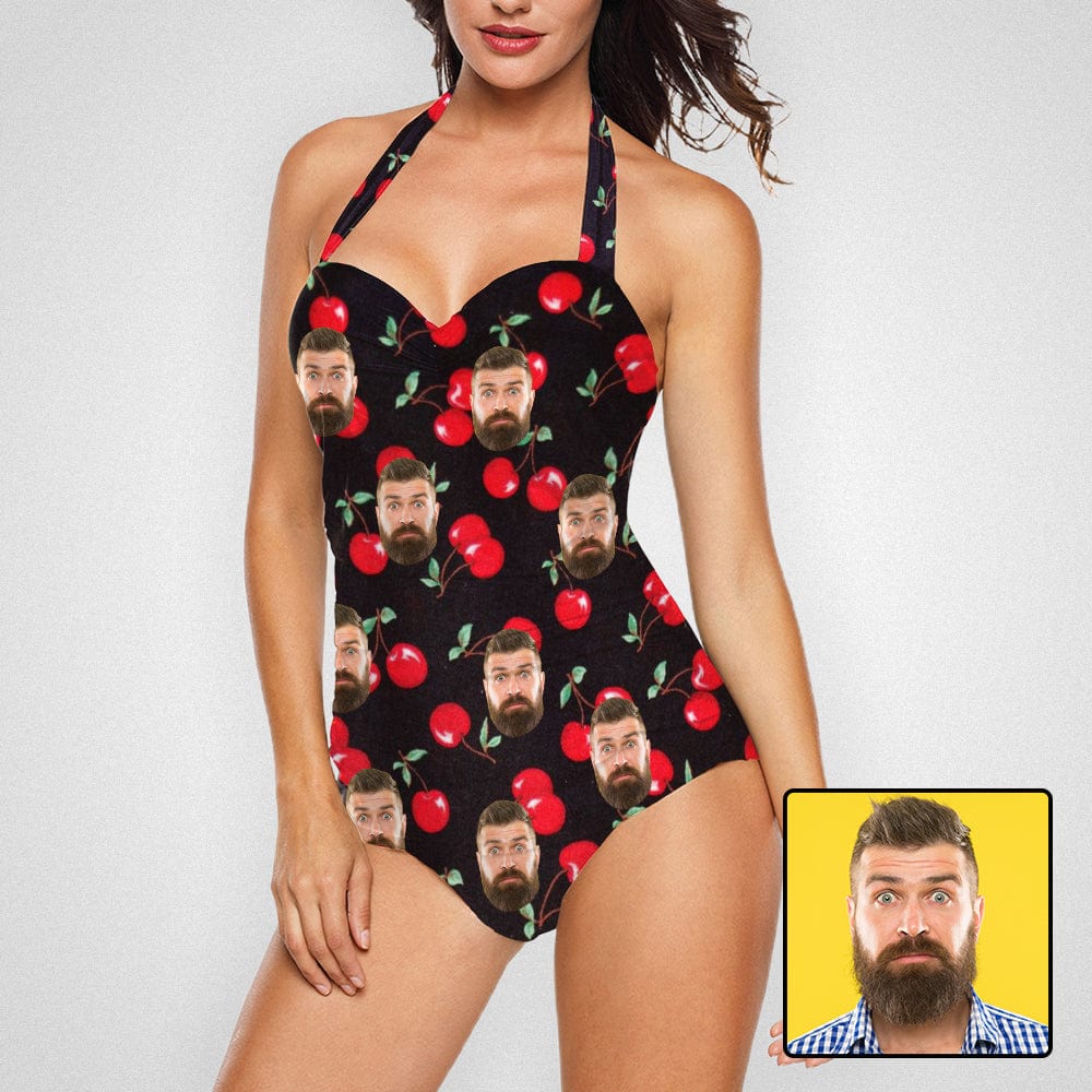 Custom Custom Face Cherries Black Strap Personalized One-piece Retro Bikini Swimsuit Custom One Piece Bathing Suits - YesCustom
