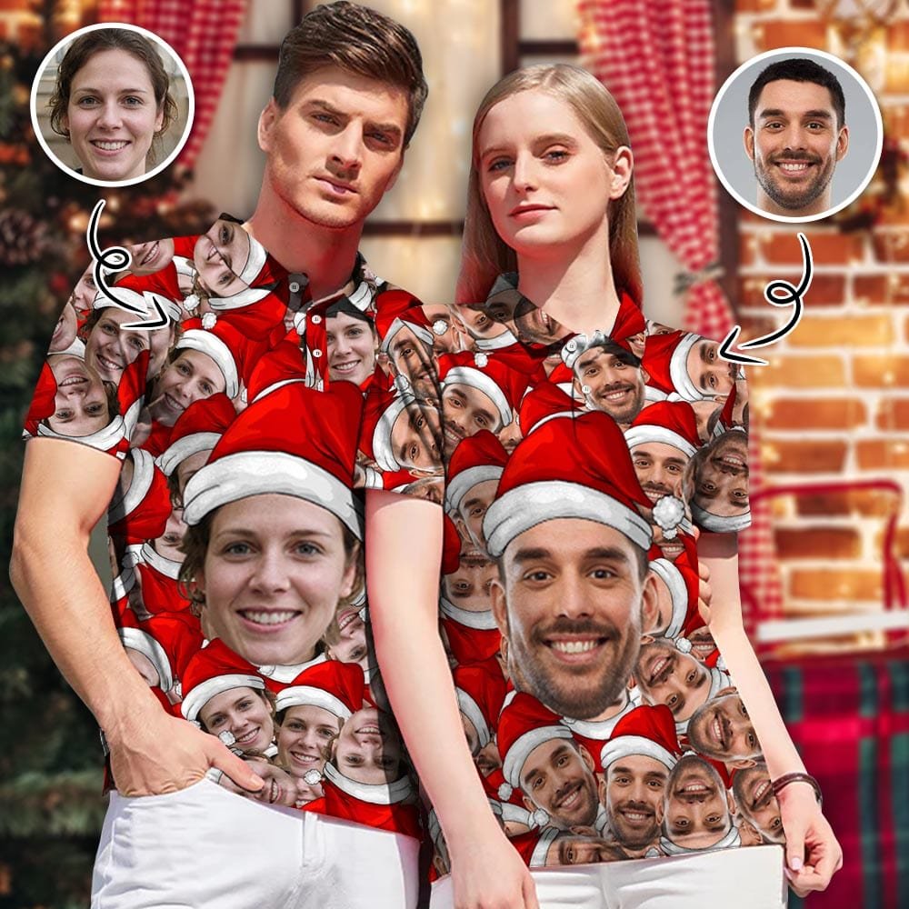 Custom Custom Face Chriatmas Red Hat Couple Matching Polo Shirt - YesCustom