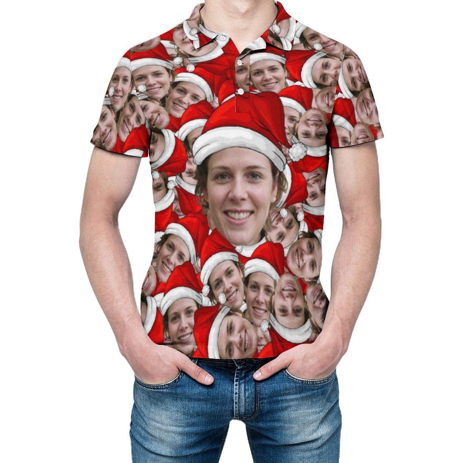 Custom Custom Face Chriatmas Red Hat Couple Matching Polo Shirt - YesCustom