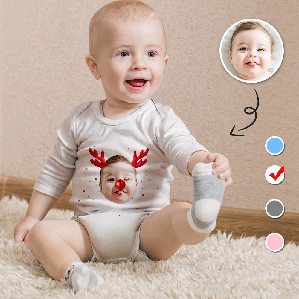 Custom Custom Face Christmas Antlers Infant Bodysuit One Piece Jumpsuit Personalized Long Sleeve Rompers Baby Clothes - YesCustom