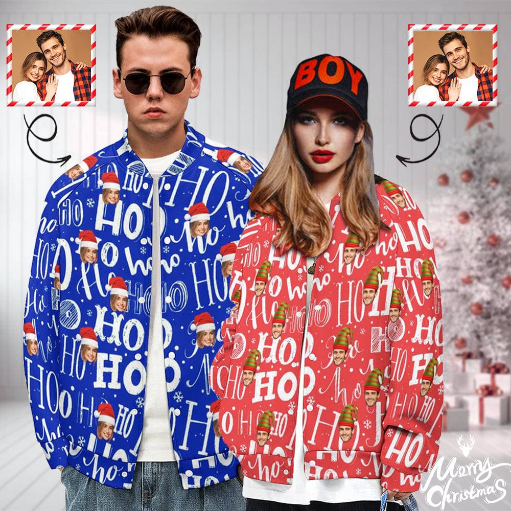 Custom Custom Face Christmas Blue Pink HO Couple Women/Men's Baseball Jacket Unisex Outerwear - YesCustom