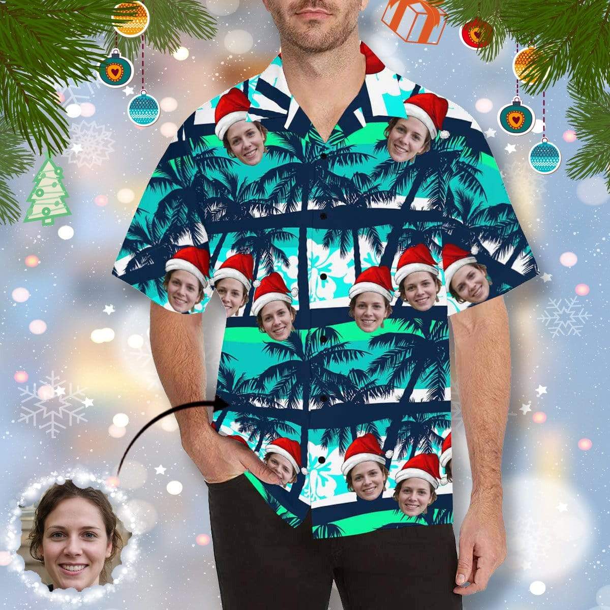 Custom Custom Face Christmas Coconut Tree Men's All Over Print Hawaiian Shirt - YesCustom