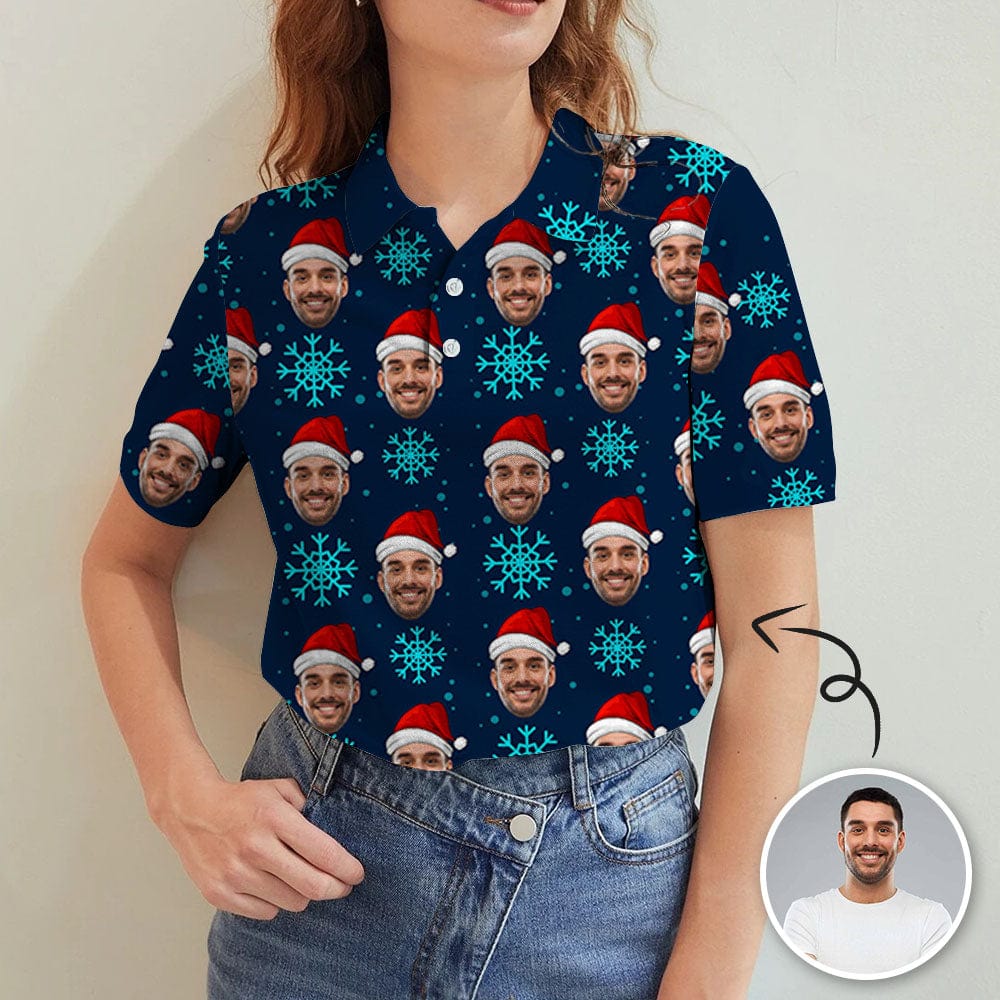 Custom Custom Face Christmas Dark Blue Snowflakes Women's Polo Shirt - YesCustom
