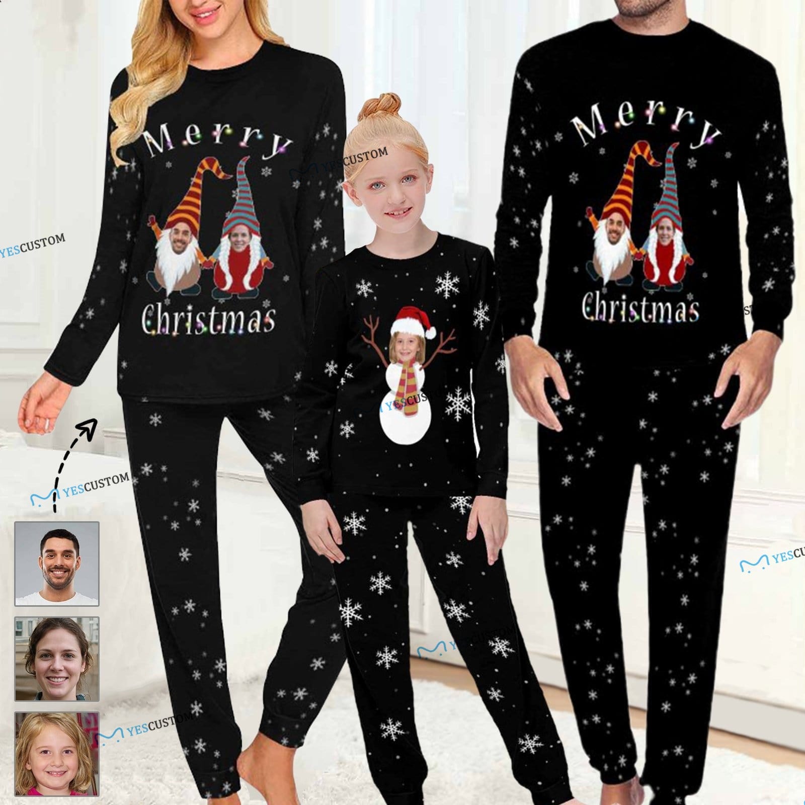 Custom Custom Face Christmas Dwarf&Snowman Sleepwear Personalized Family Slumber Party Matching Long Sleeve Pajamas Set - YesCustom