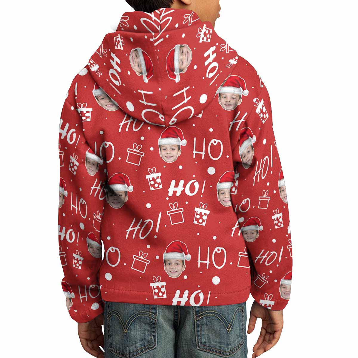Custom Custom Face Christmas Gift Red Hoodie for 5~15Y Youth Personalized Hooded Pullover Loose Hoodie - YesCustom