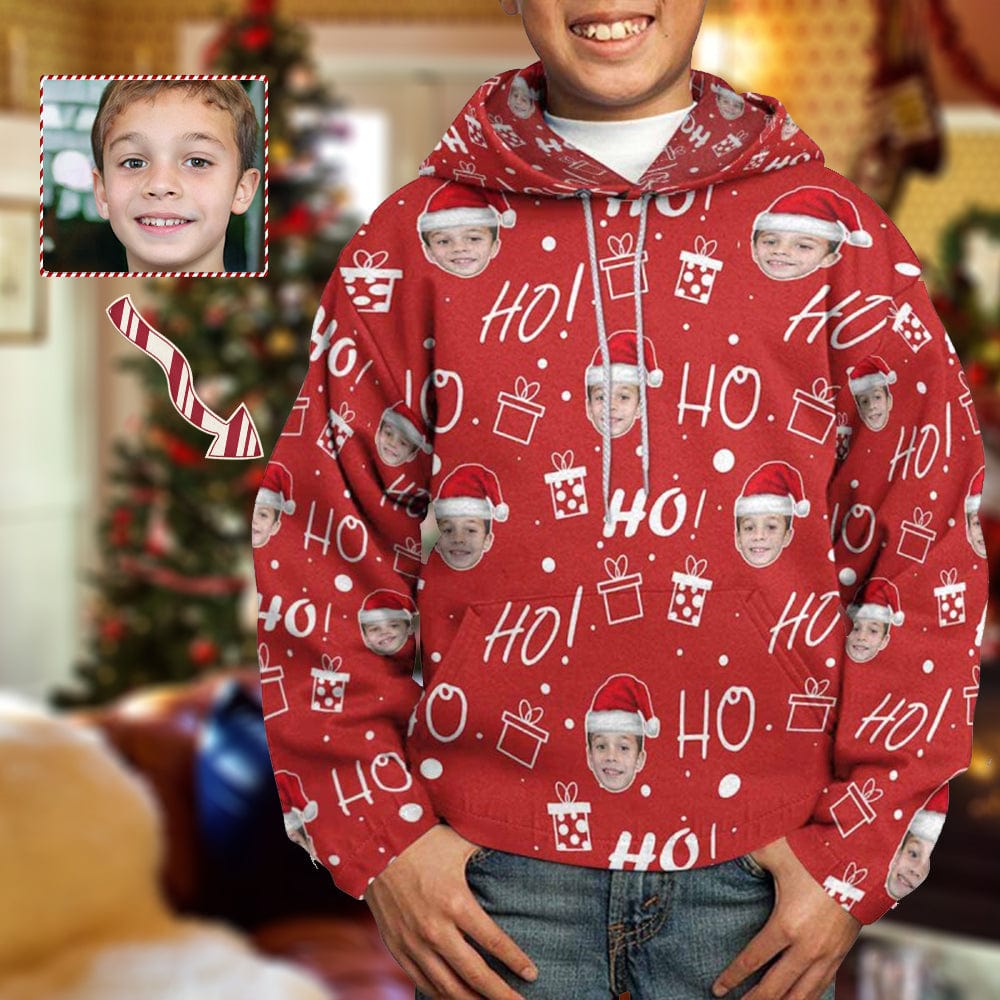 Custom Custom Face Christmas Gift Red Hoodie for 5~15Y Youth Personalized Hooded Pullover Loose Hoodie - YesCustom