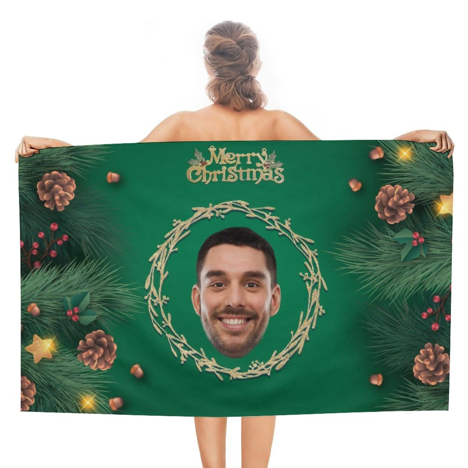 Custom Custom Face Christmas Green Wreath Bath Towel 30"x56" Beach Towel Kids Towel Pool Towel Camp Towel - YesCustom