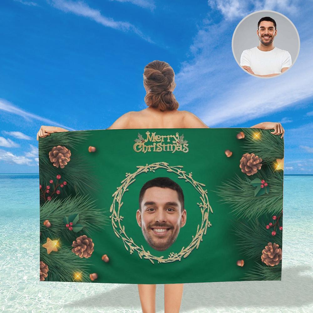Custom Custom Face Christmas Green Wreath Bath Towel 30"x56" Beach Towel Kids Towel Pool Towel Camp Towel - YesCustom