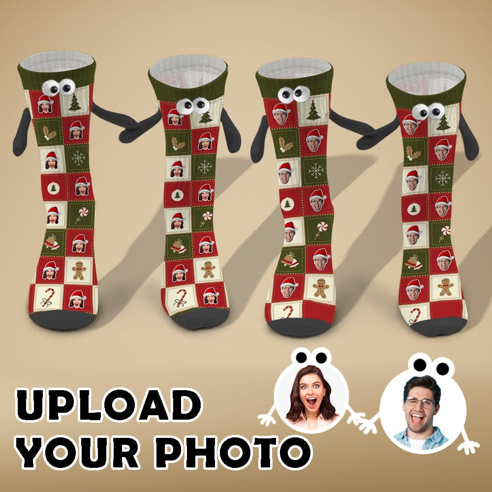 Custom Custom Face Christmas Hat Candy Grid Magnetic Holding Hands Socks Suction Funny Big Eye Socks - YesCustom