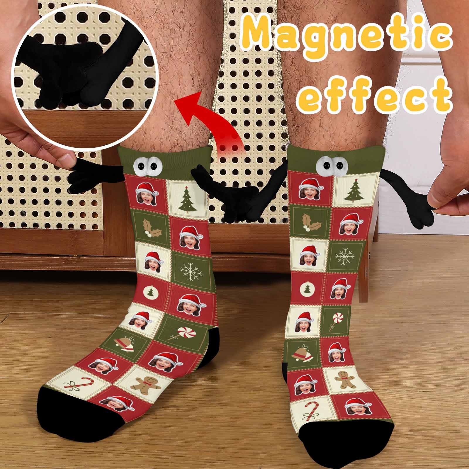 Custom Custom Face Christmas Hat Candy Grid Magnetic Holding Hands Socks Suction Funny Big Eye Socks - YesCustom