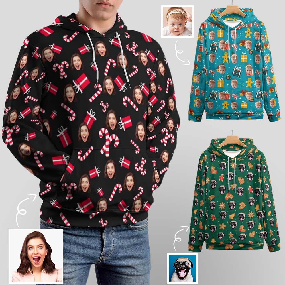 Custom Custom Face Christmas Hat Gifts Hoodie Unisex Design Your Own Hoodie Personalized Loose Hoodie Top Outfits - YesCustom