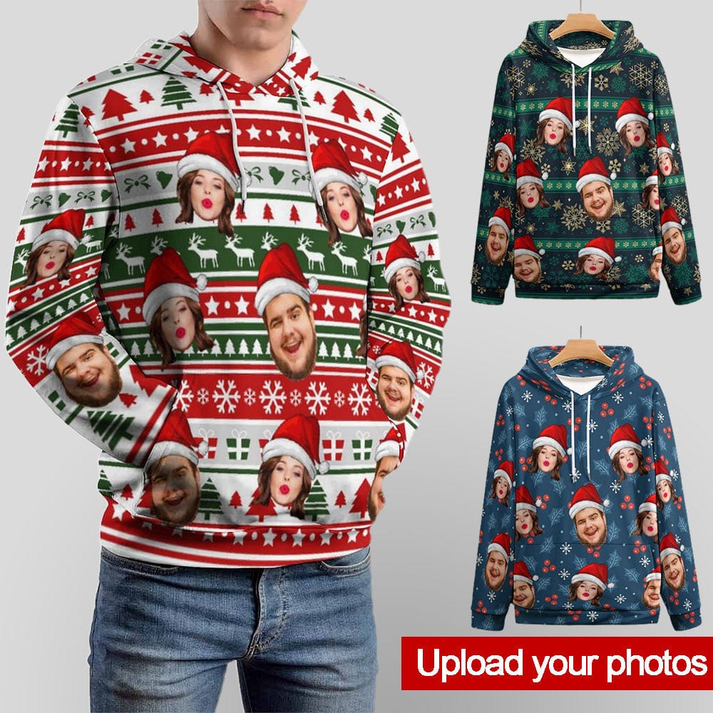 Custom Custom Face Christmas Hat Gifts Hoodie Unisex Design Your Own Hoodie Personalized Loose Hoodie Top Outfits - YesCustom