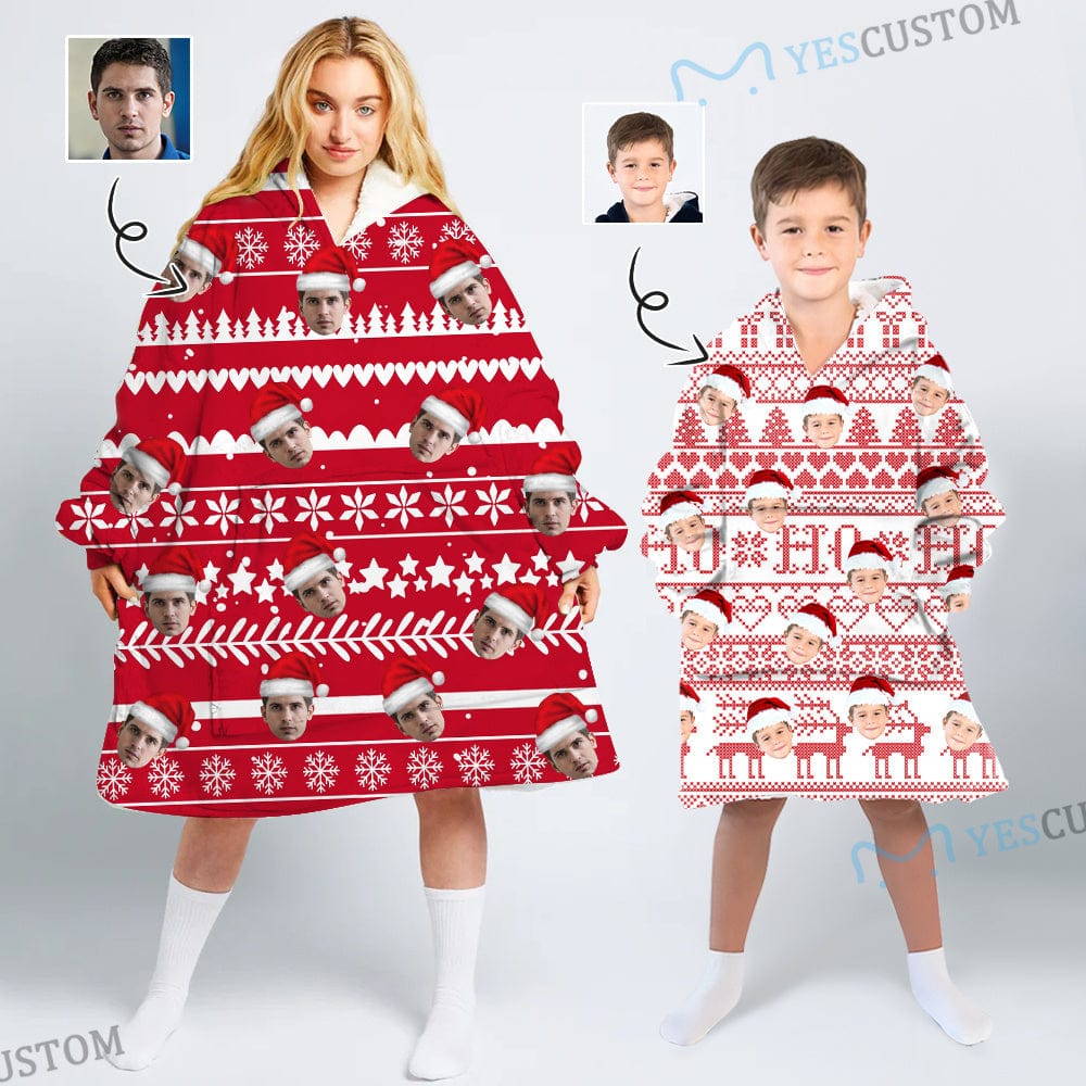 Custom Custom Face Christmas Hat Hooded Pajama Fleece Loungewear - YesCustom