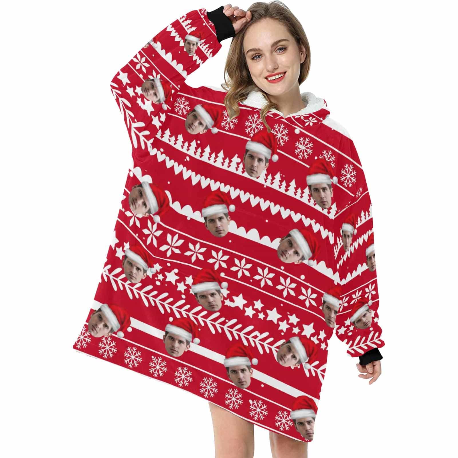 Custom Custom Face Christmas Hat Hooded Pajama Fleece Loungewear - YesCustom