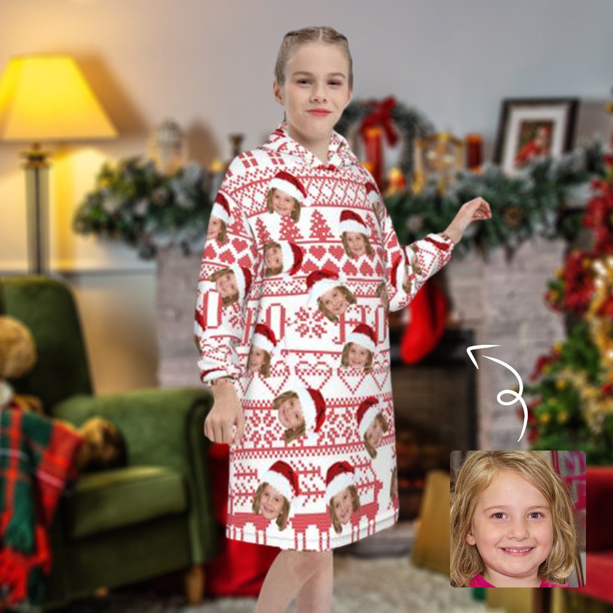 Custom Custom Face Christmas Hat Kids Hooded Pajama Fleece Loungewear For Kid - YesCustom