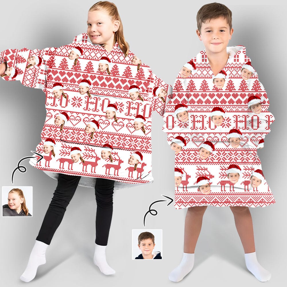 Custom Custom Face Christmas Hat Kids Hooded Pajama Fleece Loungewear For Kid - YesCustom
