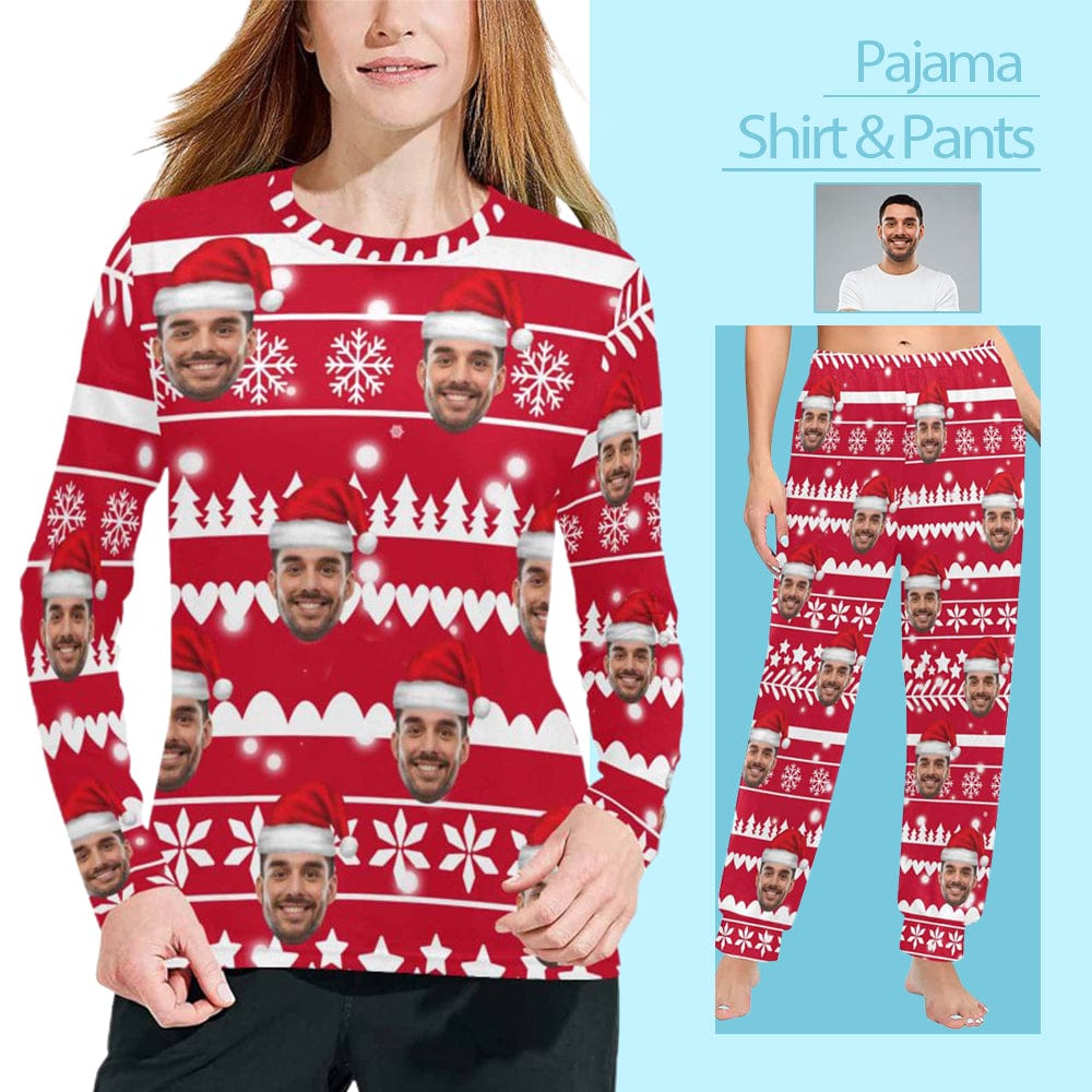 Custom Custom Face Christmas Hat Long Pajama Shirt&Pants Personalized Women's Slumber Party Sleepwear - YesCustom