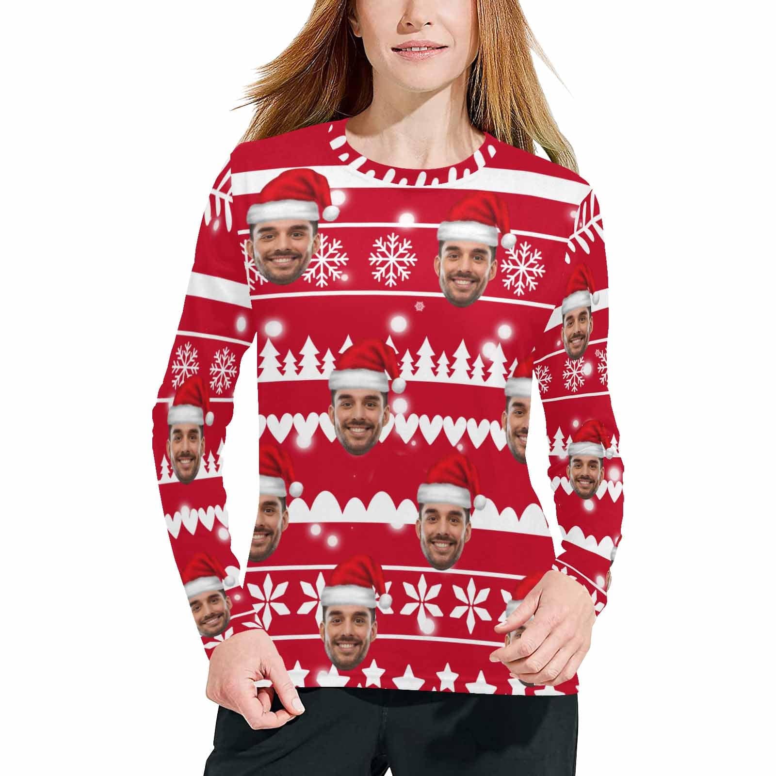 Custom Custom Face Christmas Hat Long Pajama Shirt&Pants Personalized Women's Slumber Party Sleepwear - YesCustom