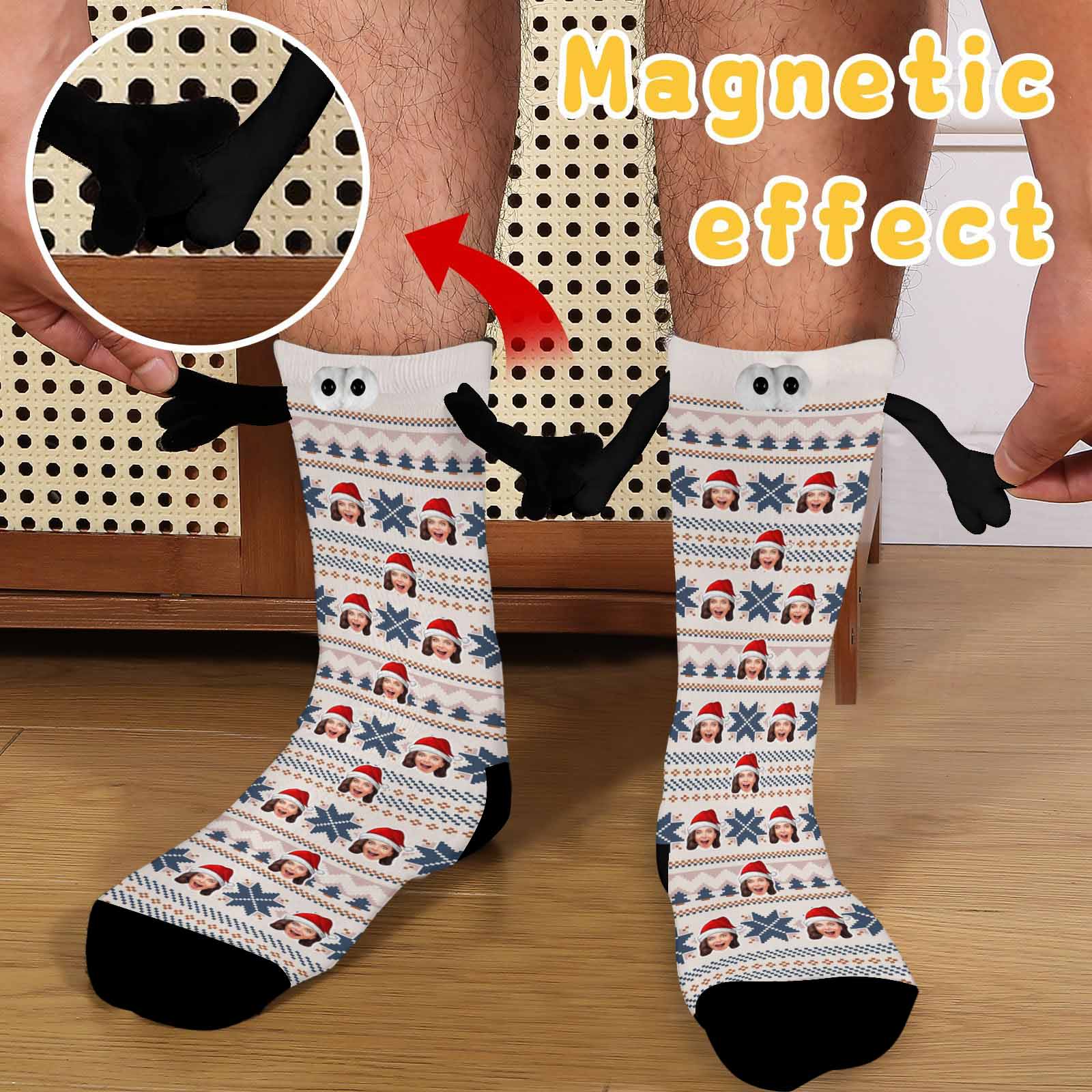 Custom Custom Face Christmas Hat Magnetic Holding Hands Socks Suction Funny Big Eye Socks - YesCustom