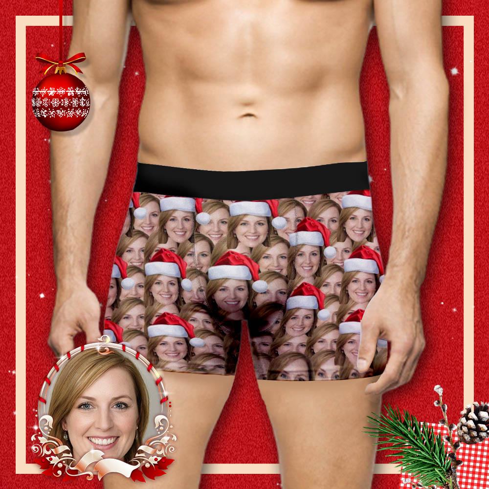 Custom Custom Face Christmas Hat Men's Boxer Briefs Print Your Own Personalized Underwear For Valentine's Day Gift - YesCustom